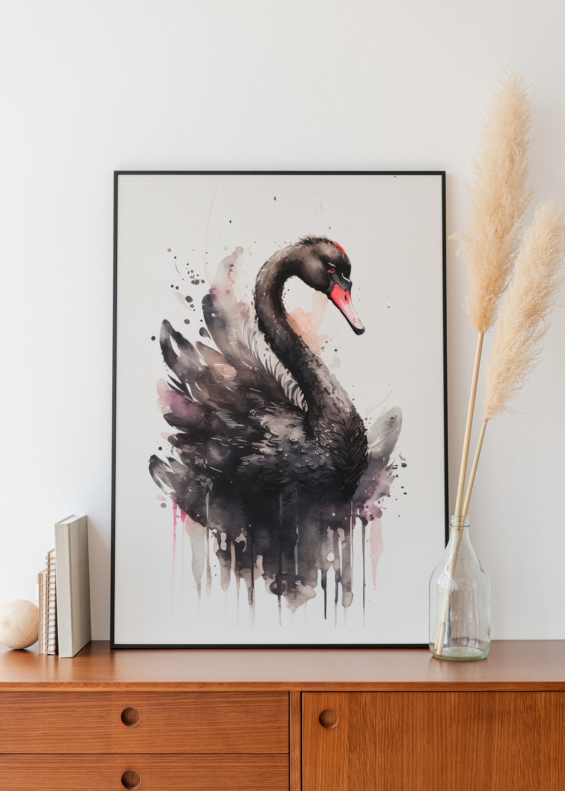 Elegant Black Swan Red Beak Watercolor Graceful Bird Wall Art