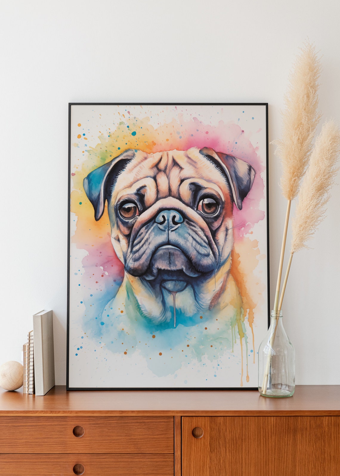 Cute Pug Puppy Rainbow Splash Watercolor Dog Portrait Wall Art