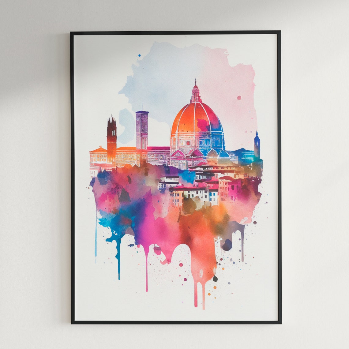 Florence Italy Watercolor Skyline with Duomo Cathedral Dome Poster - Image 3