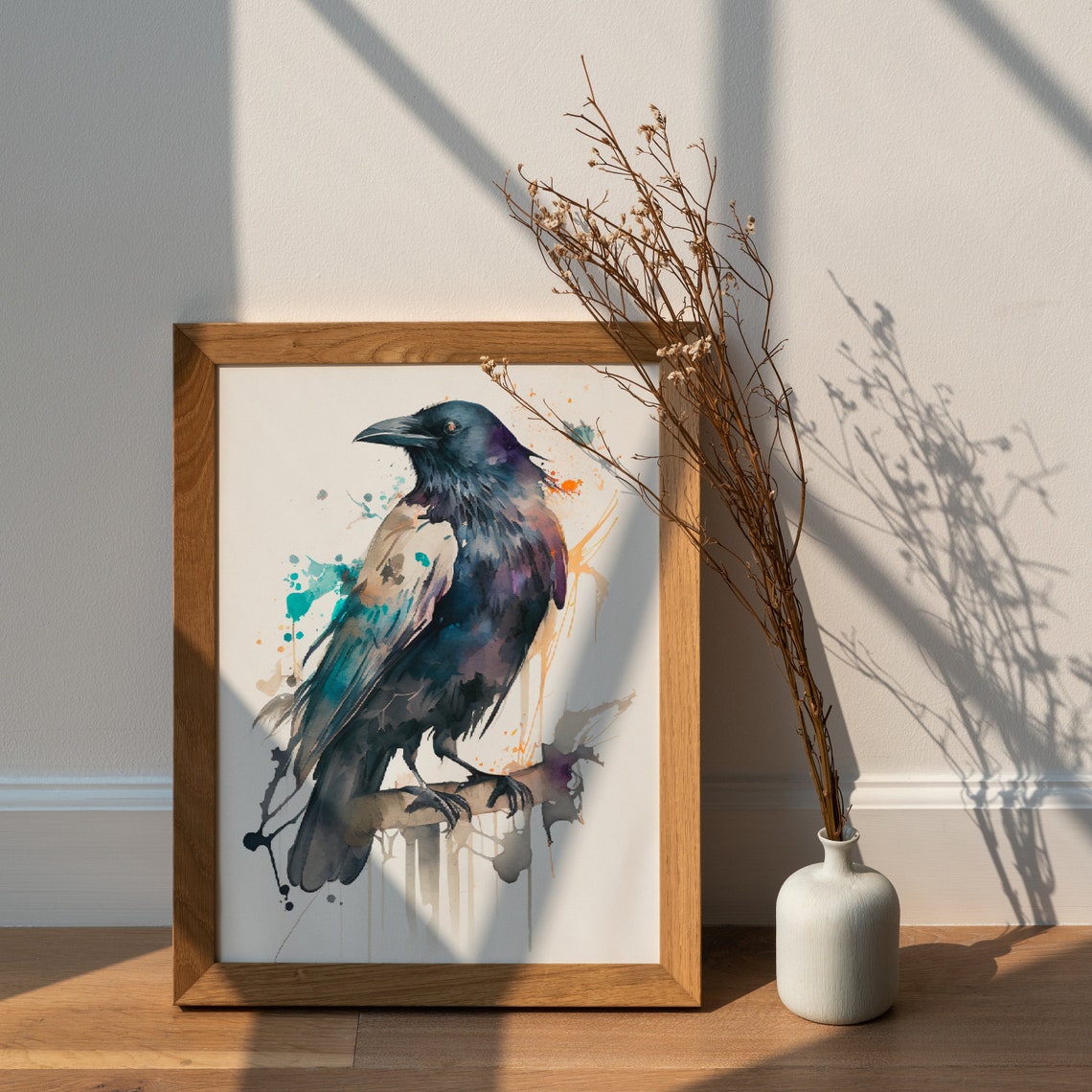 American Crow Perched on Branch Moody Black Bird Watercolor Poster - Image 3