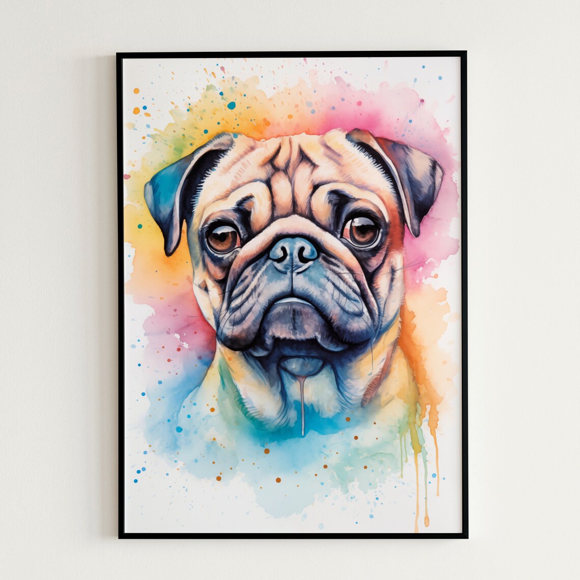 Cute Pug Puppy Rainbow Splash Watercolor Dog Portrait Wall Art - Image 3