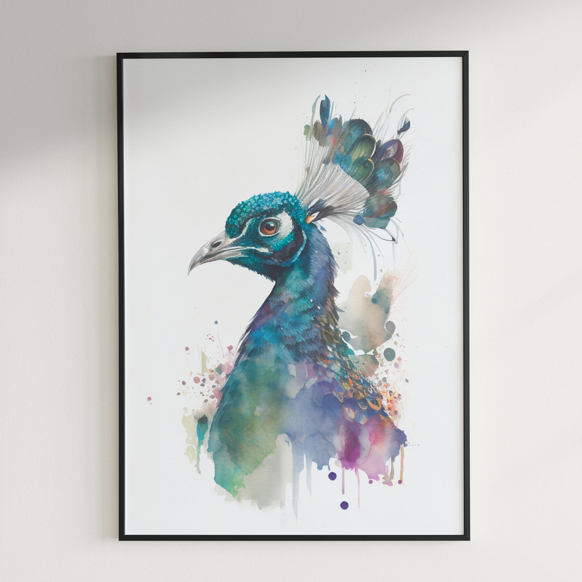 Peacock Head Portrait Iridescent Blue and Teal Watercolor Poster - Image 2
