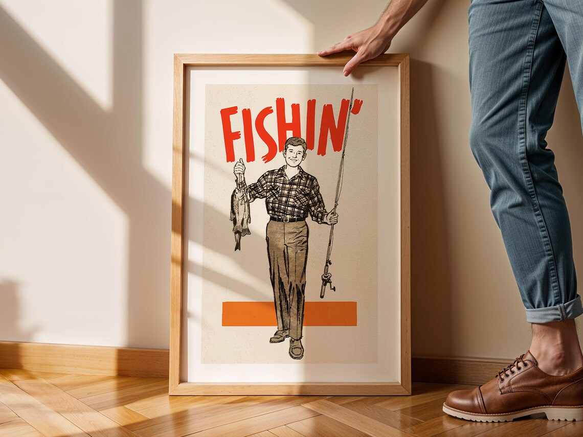 Funny Fishin Retro Fisherman Plaid Shirt Vintage Fishing Wall Art