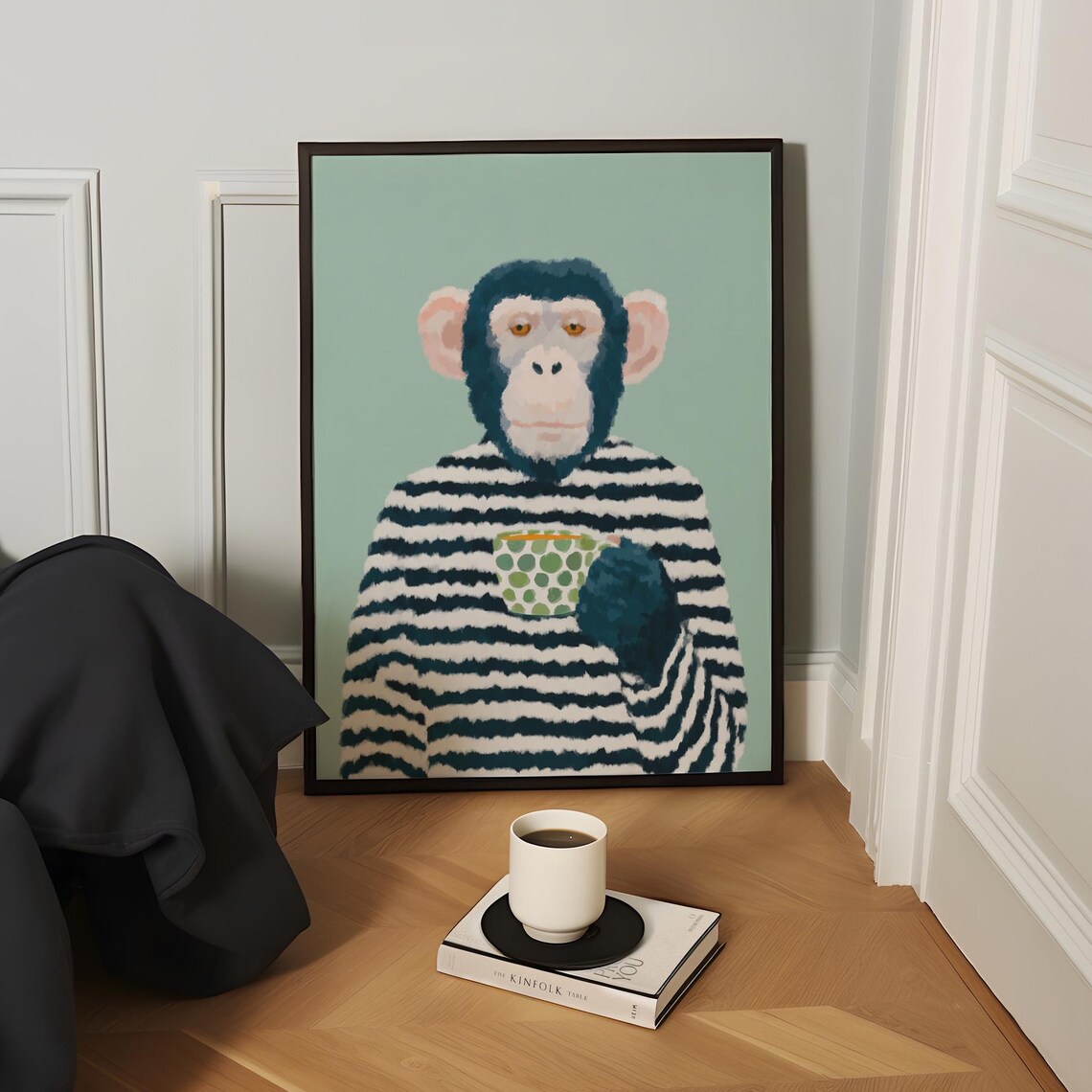 Chimpanzee Drinking Coffee, Mid-Century Modern Poster