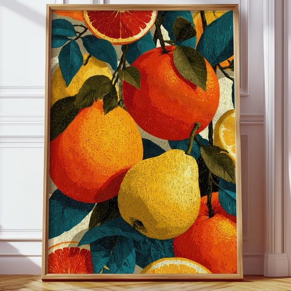 Retro Kitchen Wall Decor Fruit Illustration Art Print Colorful Citrus Vintage Poster Stylish Dining Room