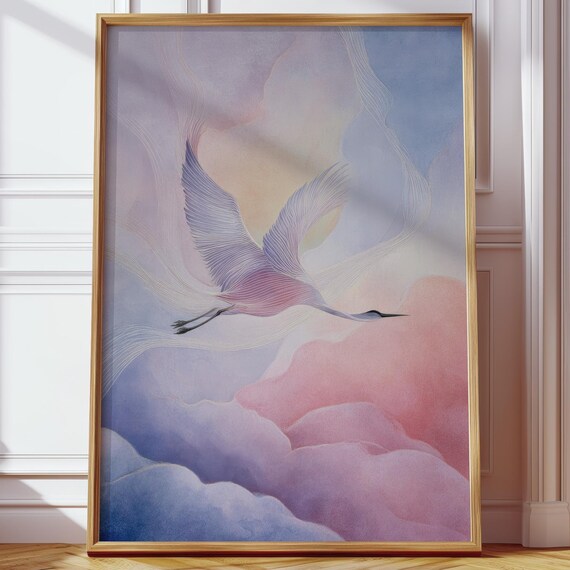 Living Room Wall Art Bird Pastel Colors Poster Abstract Crane Print Soft Modern Decorative Picture Hallway Bedroom
