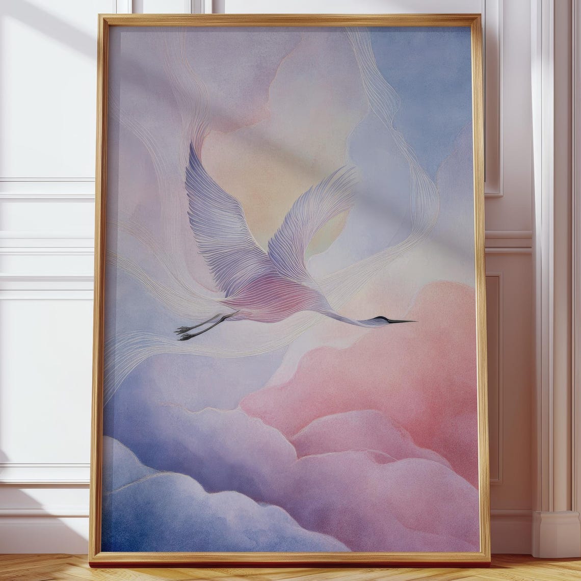 Pastel Crane Flying Through Clouds Dreamy Bird Flight Art Poster
