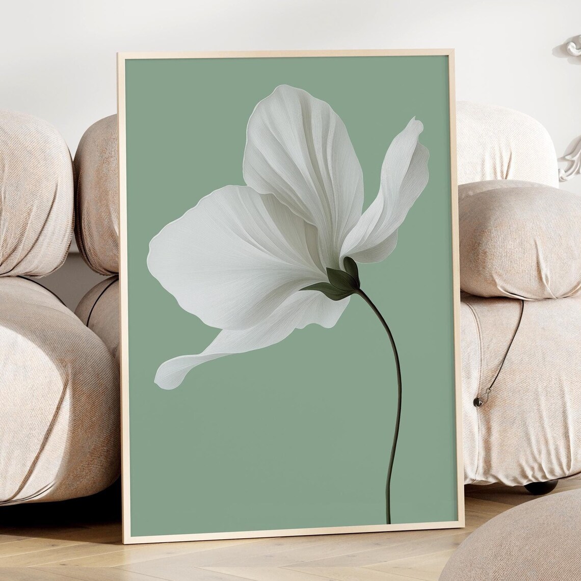 White Cyclamen Bloom Sage Green Minimalist Botanical Floral Poster