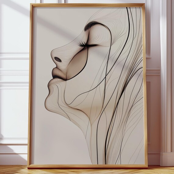 Abstract Woman Face Line Art Beige Minimalist Modern Portrait Poster