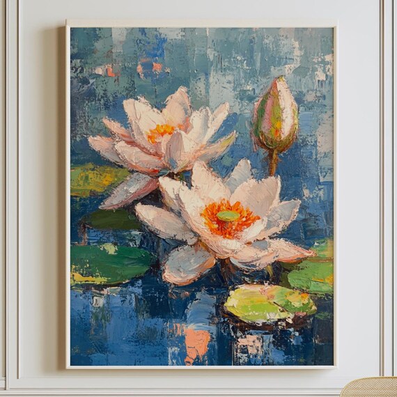 Impressionist Water Lilies Pond Impasto Oil Blue Floral Poster