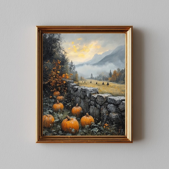 Rustic Pumpkin Field Art Print Vintage Autumn Landscape