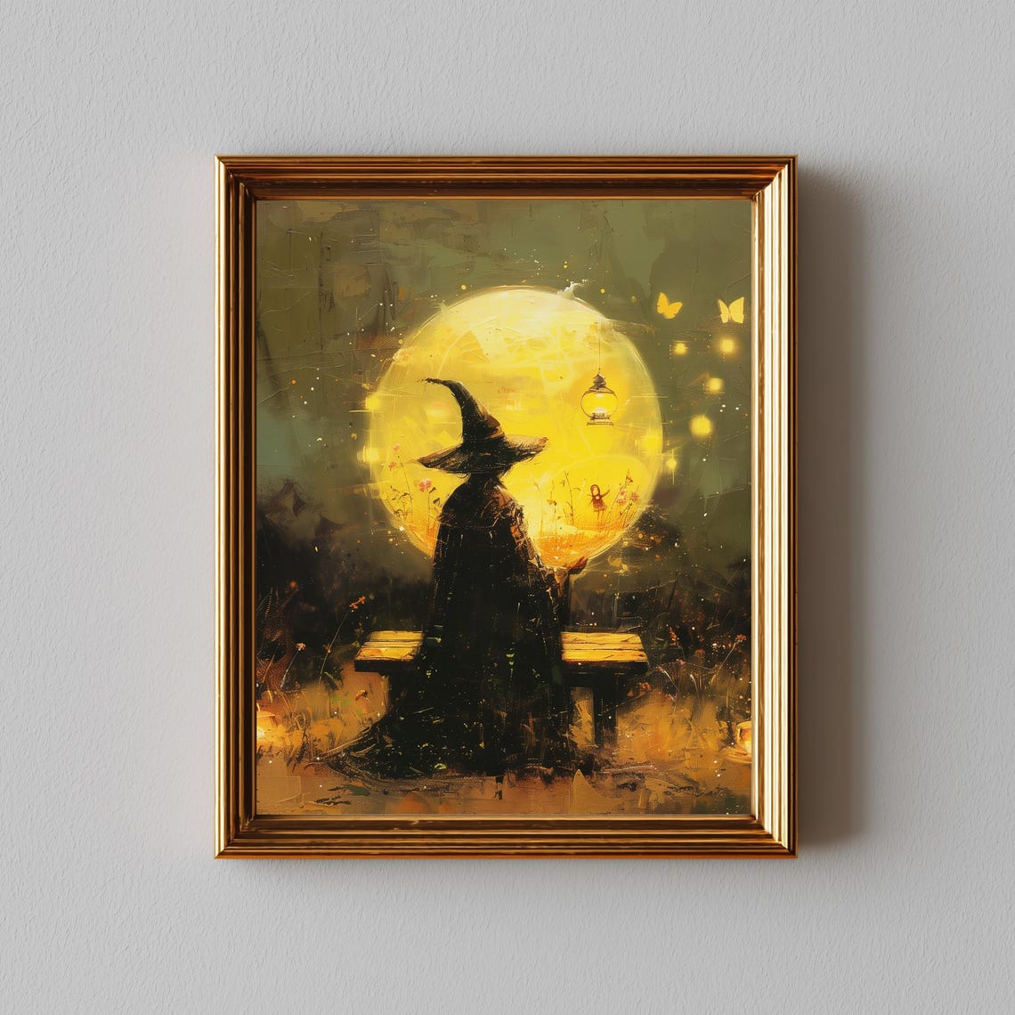 Mystical Witch Glowing Golden Moon Lantern Magical Oil Poster