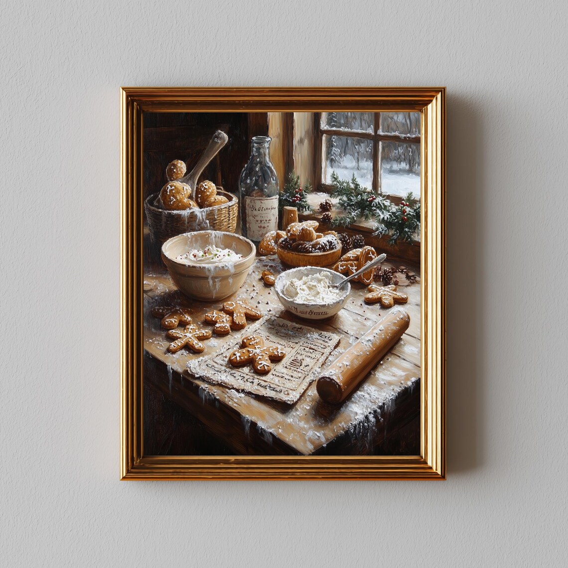 Vintage Christmas Baking Scene Gingerbread Cookies Rustic Kitchen Painting Poster