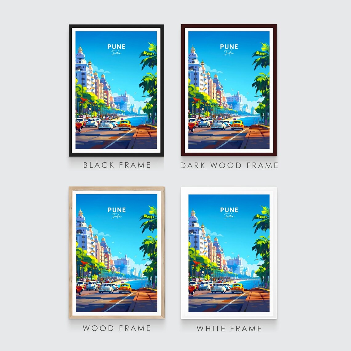 Sunny Pune India Palm Lined Street to the Sea Vintage Cars Poster - Image 3