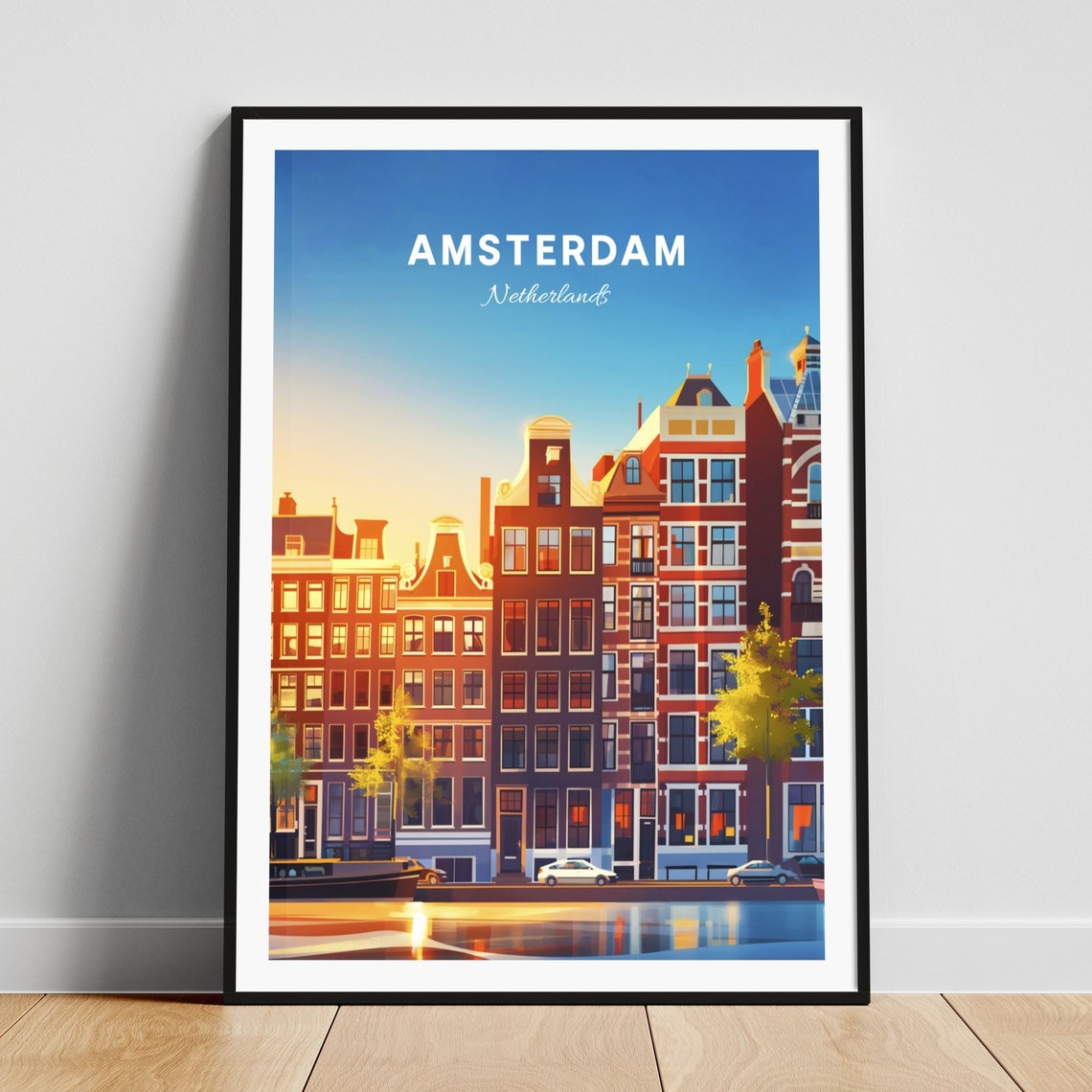 Amsterdam Netherlands Canal House Row Sunset Waterfront Travel Poster