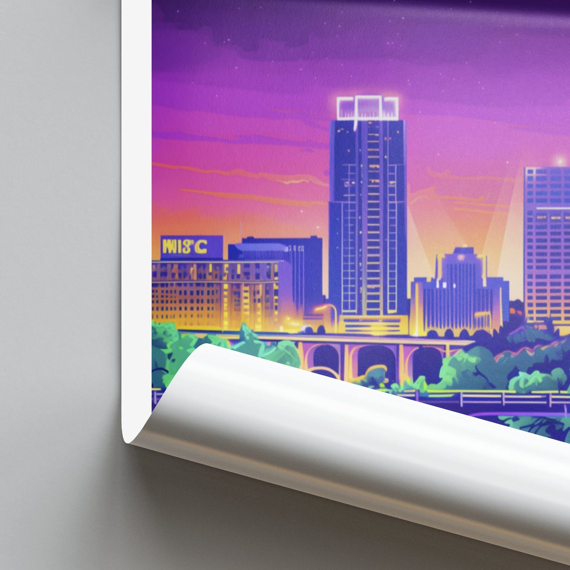 Little Rock Night Bridge Scene Under a Purple Starry Sky Poster - Image 2