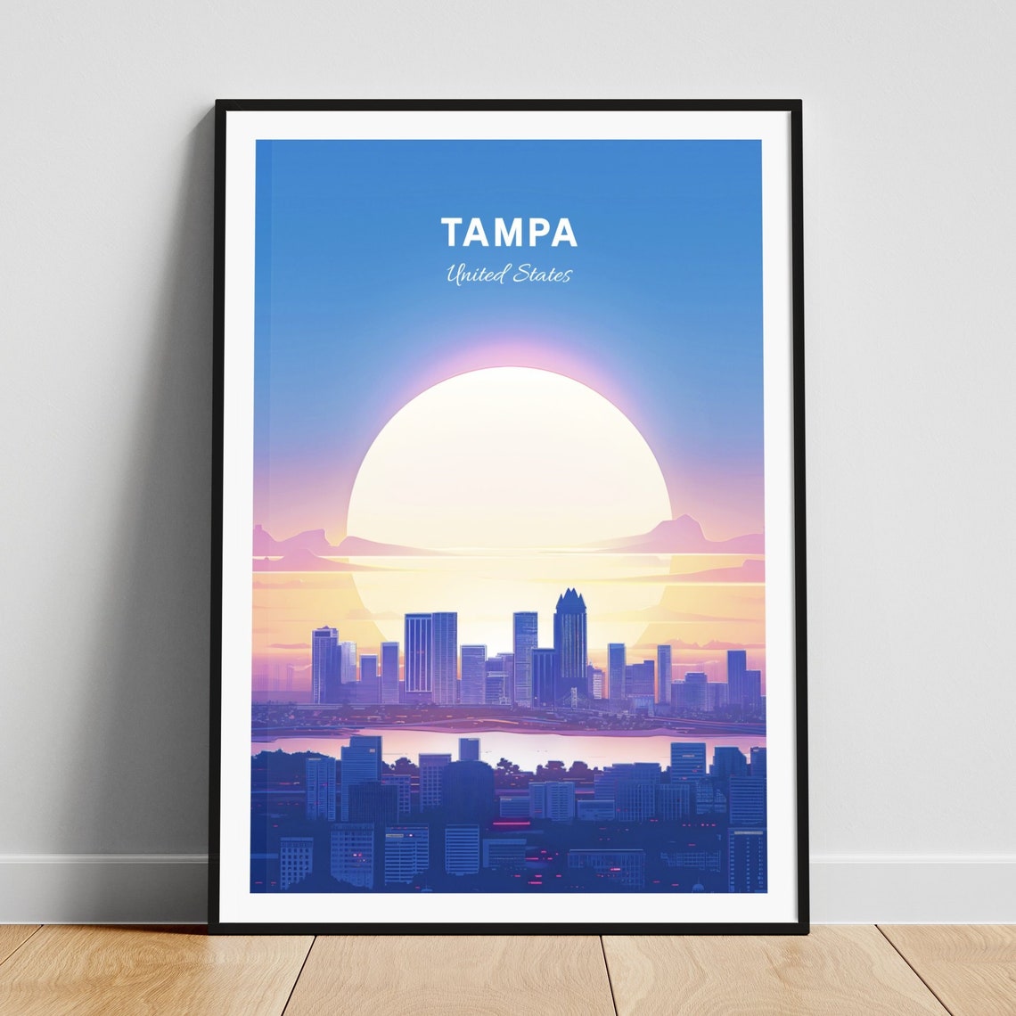 Tampa Florida Skyline Across The Bay At Sunset Travel Poster Art