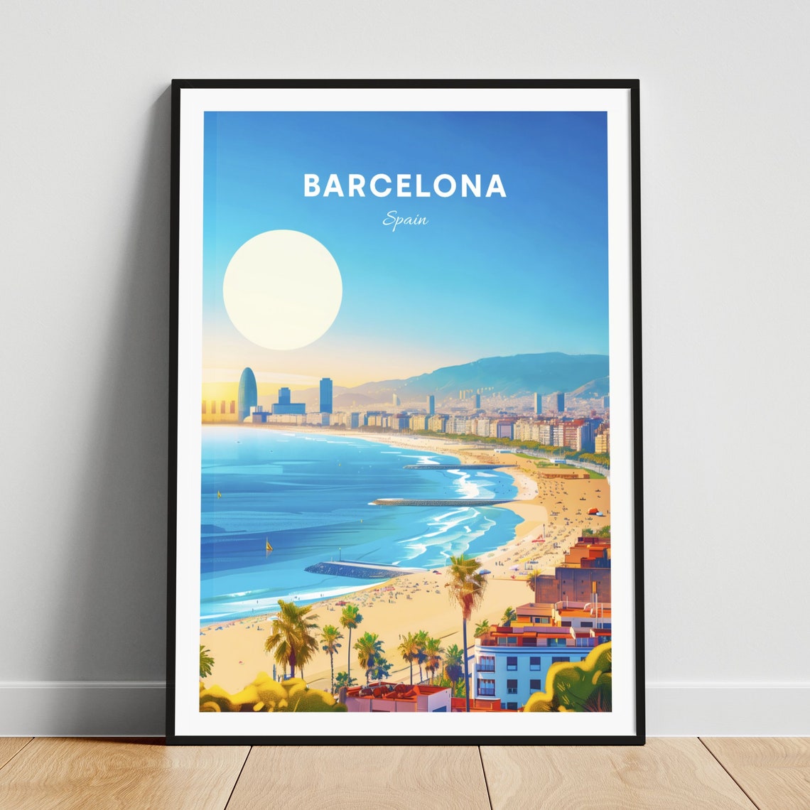 Barcelona Spain Sunrise Beach Panorama Skyline Travel Poster