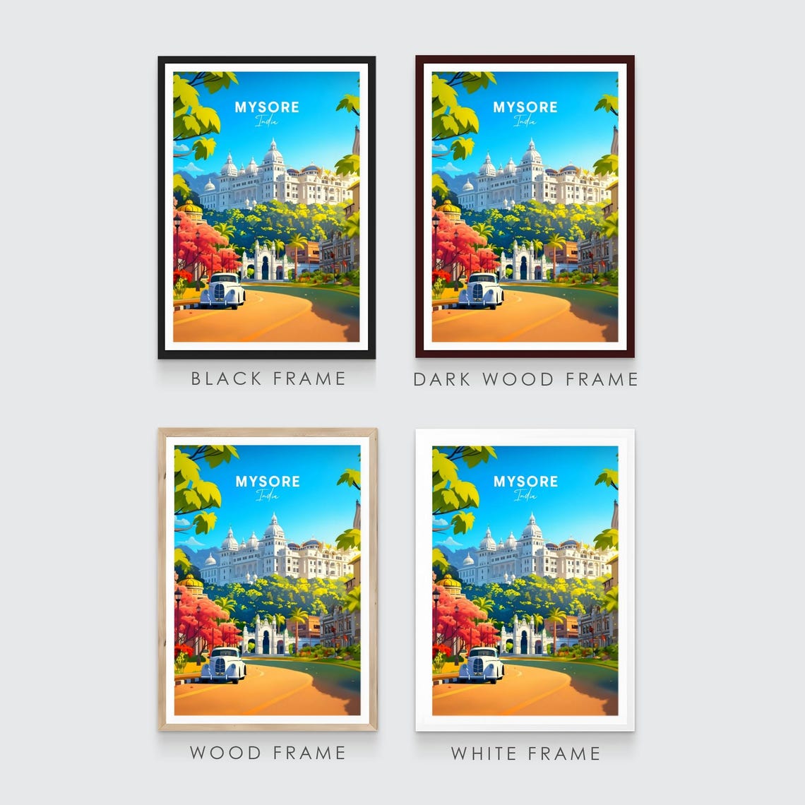 Mysore India Hill Palace Curved Road Vintage Car Travel Poster - Image 3