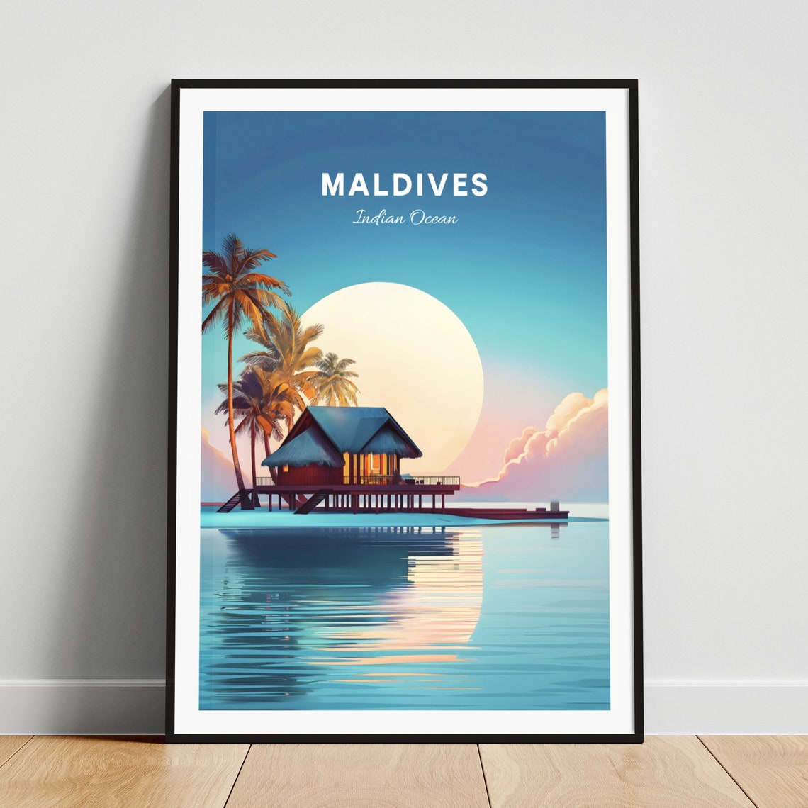 Maldives Overwater Bungalow Moonlight Sunset Palm Trees Travel Poster