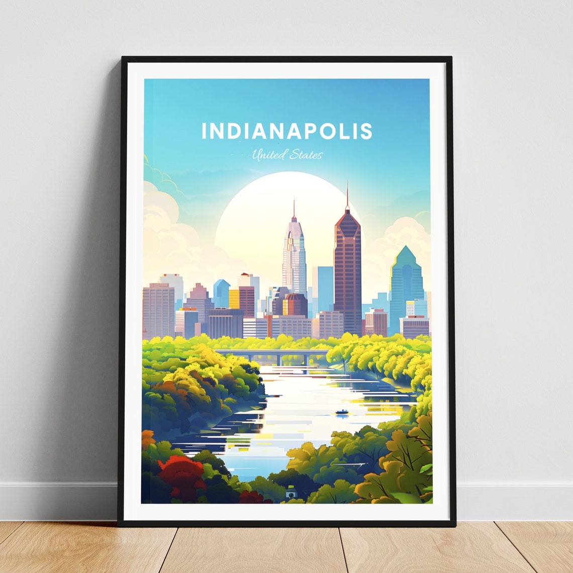 Indianapolis Sunset River Skyline Modern Illustrated Travel Poster
