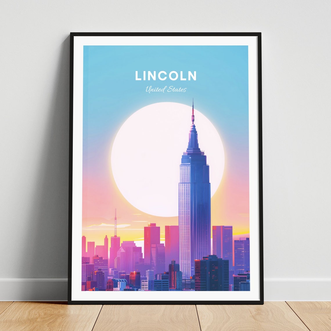 Lincoln City Skyline at Sunset Art Deco Skyscraper View Poster