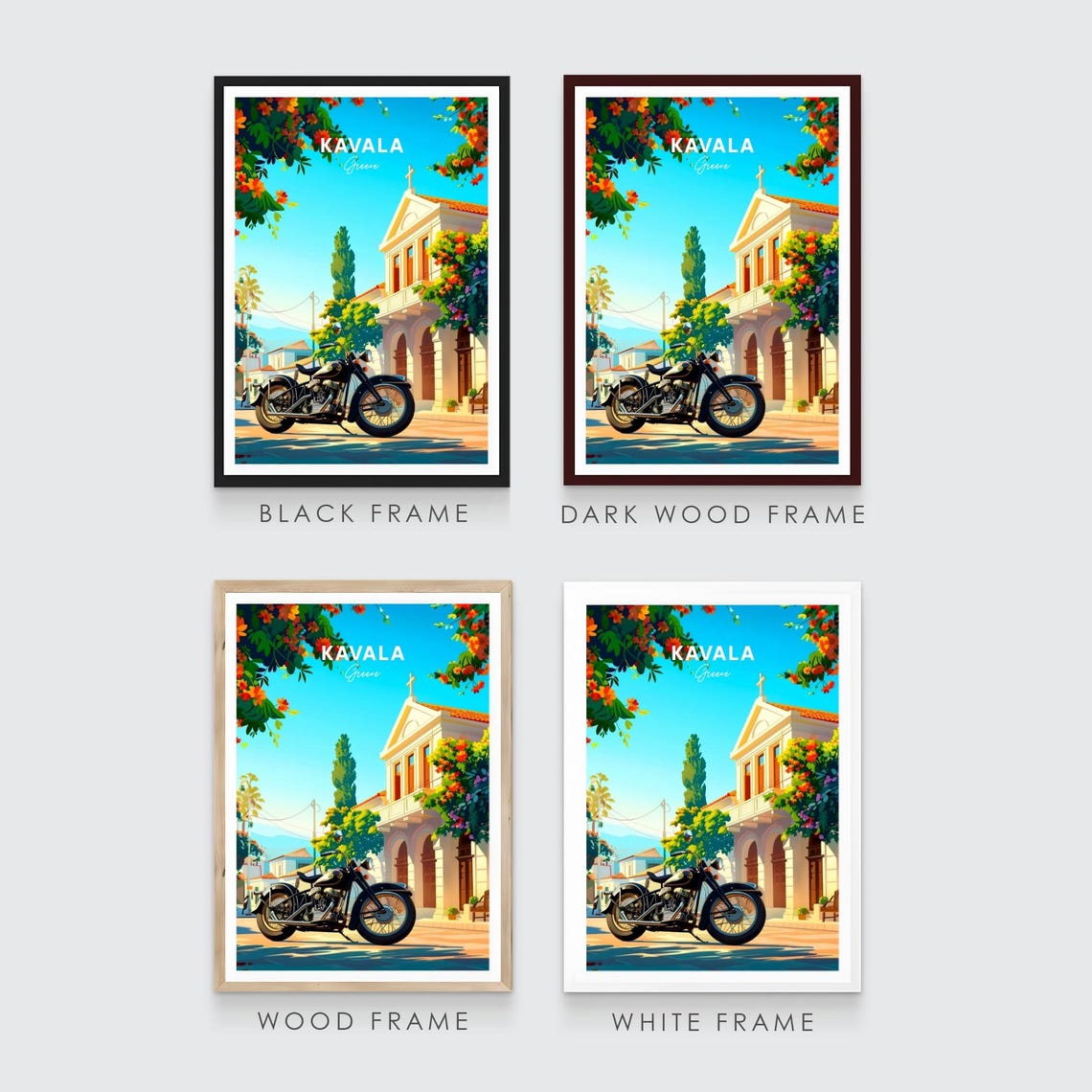 Kavala Greece Black Vintage Motorcycle by Church and Flowers Poster - Image 3