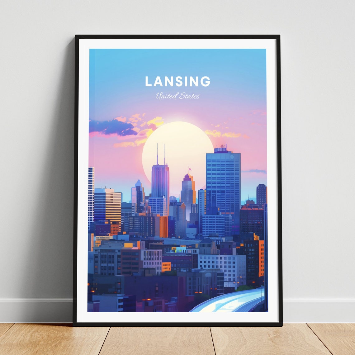 Lansing United States Pastel Sunset over the Downtown Towers Poster