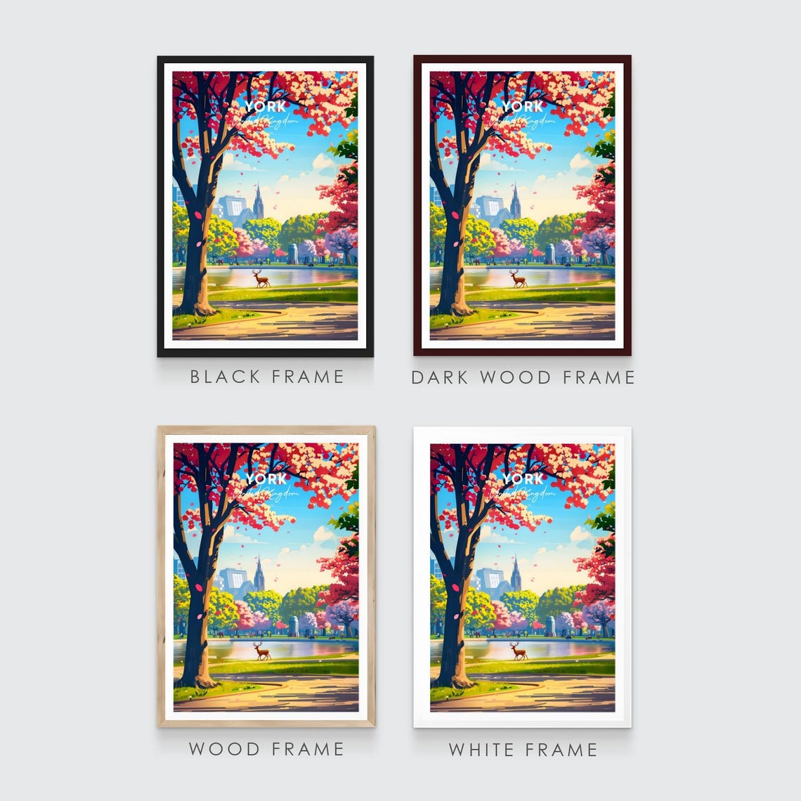 York Park Blossom Trees Lake Deer Skyline Spring Travel Poster - Image 3