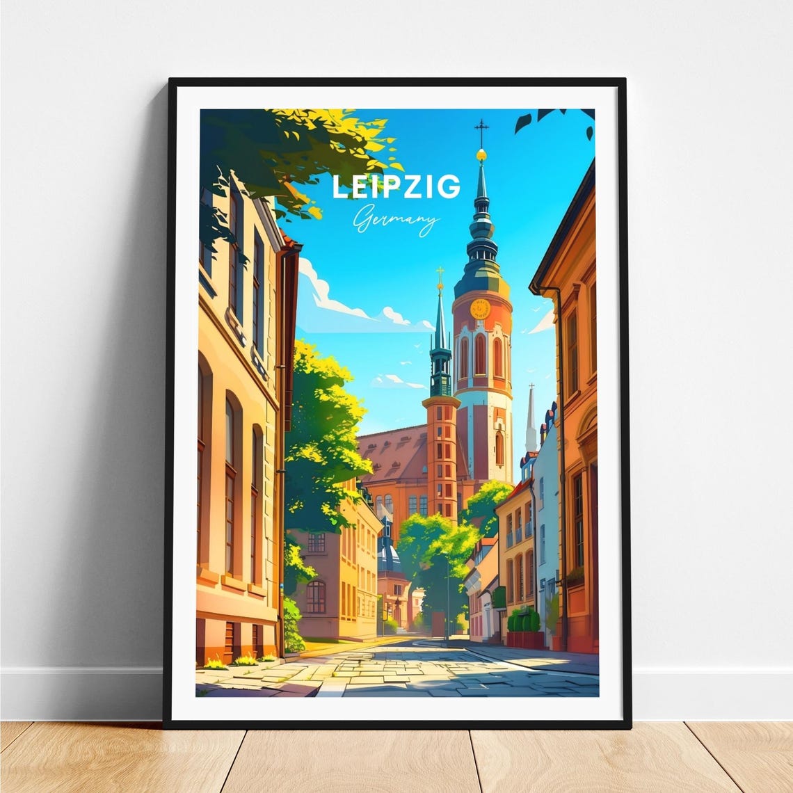 Leipzig Sunny Church Tower Old Town Street Germany Travel Poster