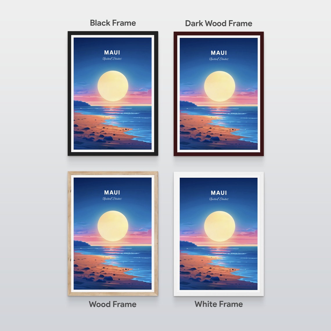 Maui Hawaii Sunset over Rocky Shore with Giant Sun Travel Poster - Image 2