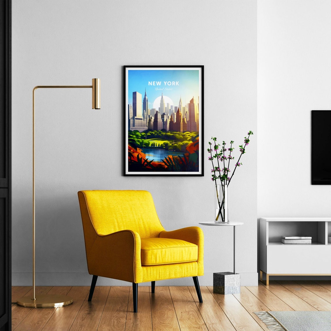 New York Manhattan Skyline Park Pond Moonlit Vintage Travel Poster - Image 3