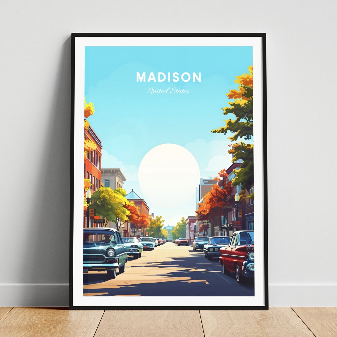 Madison Retro Car Street Poster: Vintage Automobiles Beneath a Big Sun