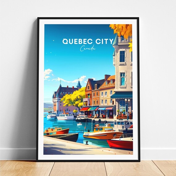 Quebec City Canada Old Port Harbor Boats Autumn Glow Scene Poster