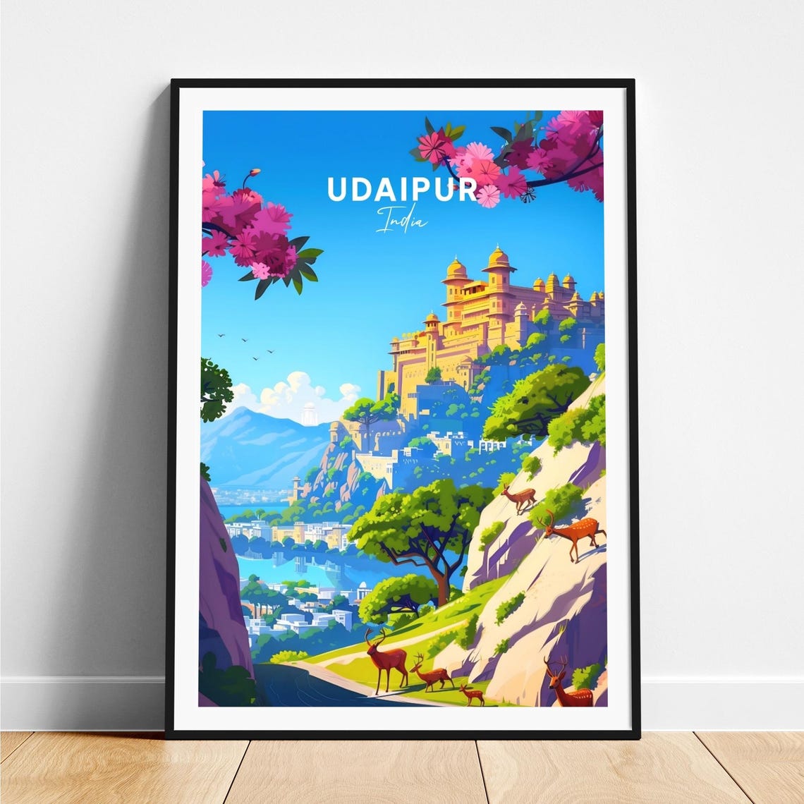 Udaipur Hilltop Palace Lake Deer Blossoms India Travel Poster