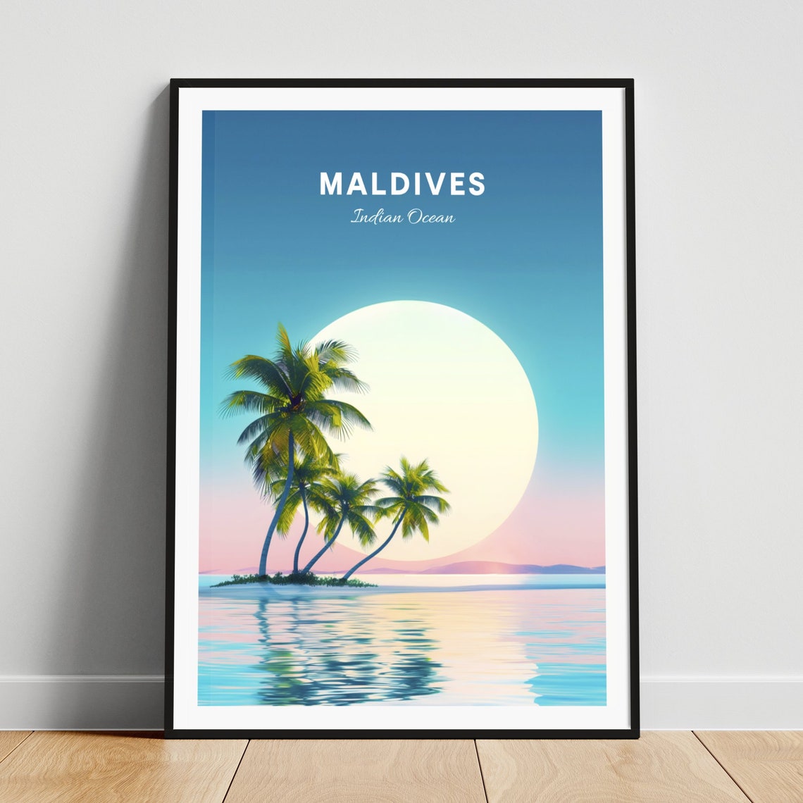 Maldives Indian Ocean Palm Island Sunset Tropical Travel Poster