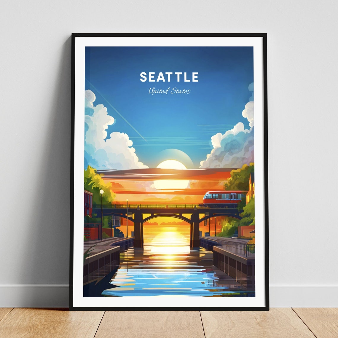 Seattle Washington Canal Bridge Light Rail Sunset Travel Art Poster