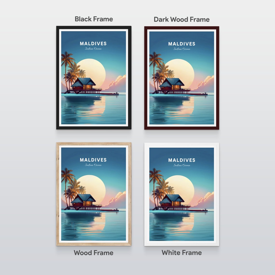 Maldives Overwater Bungalow Moonlight Sunset Palm Trees Travel Poster - Image 2
