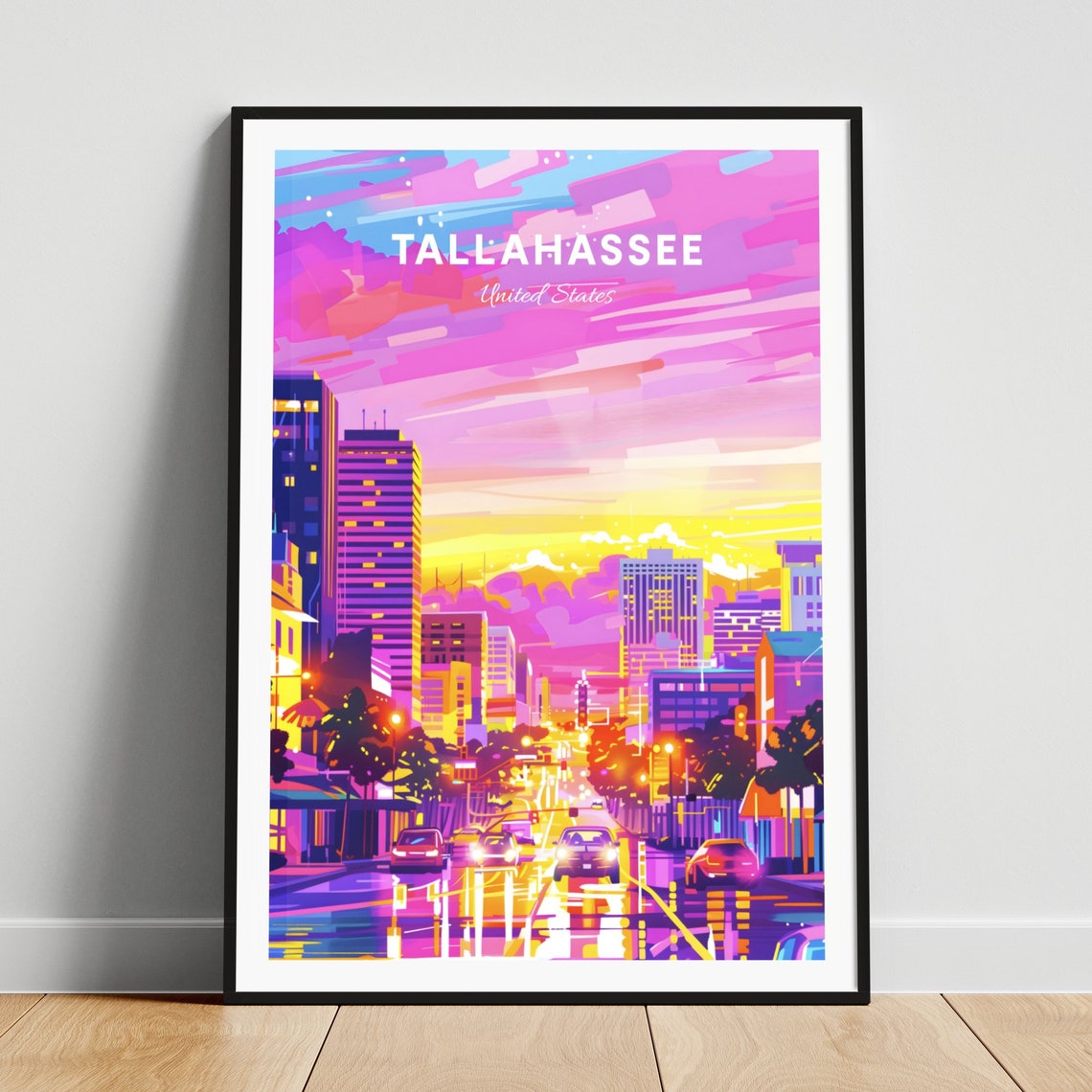 Tallahassee Florida Downtown Neon Street Glowing Sunset Poster