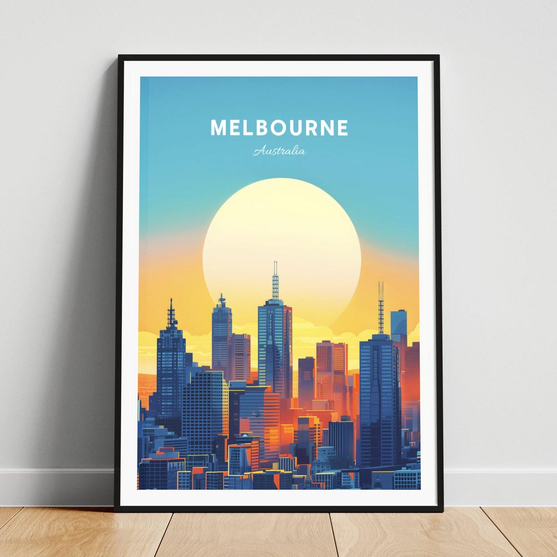 Melbourne Australia Skyline beneath a Giant Sun Travel Poster