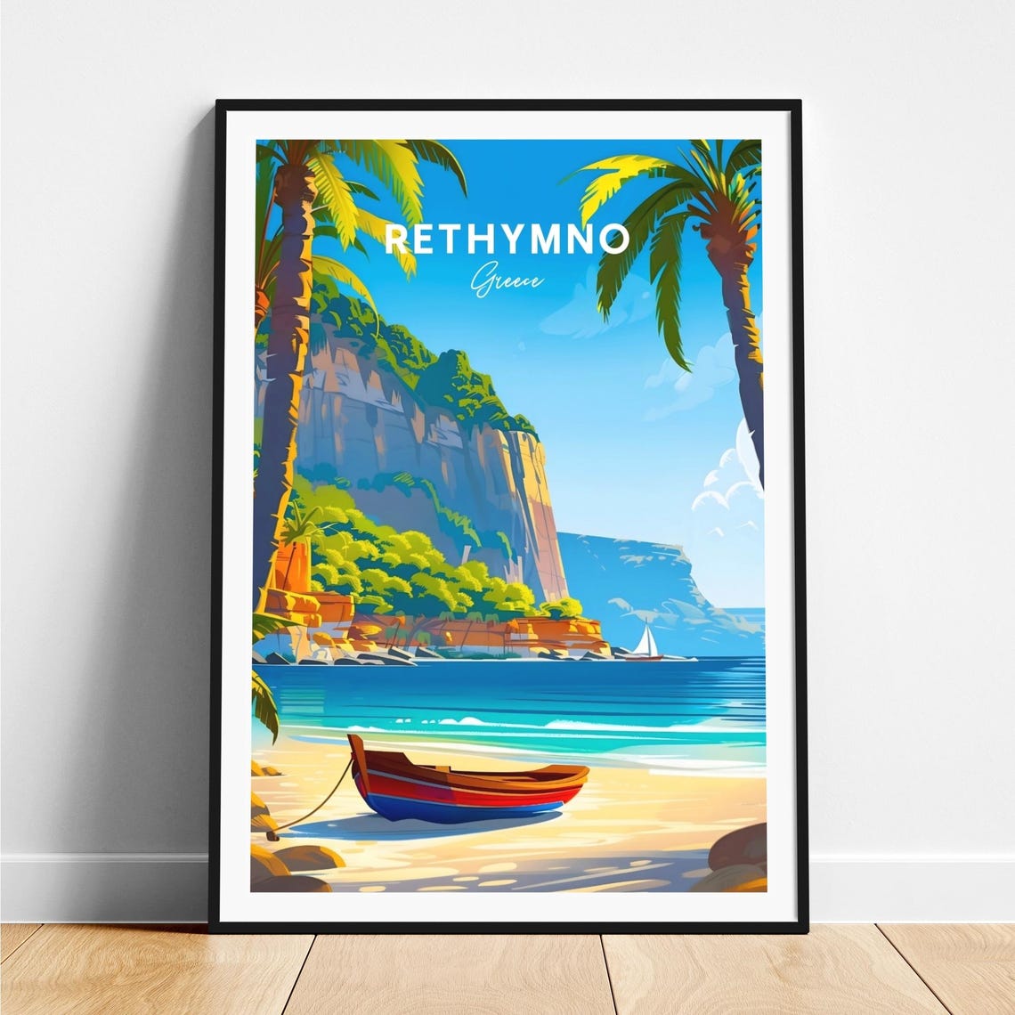 Rethymno Greece Palm Beach Red Wooden Boat Vintage Travel Poster