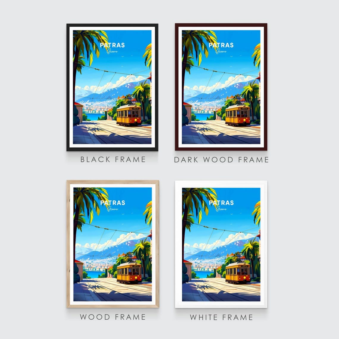 Patras Greece Yellow Tram Palms Sea Mountains Travel Art Poster - Image 3