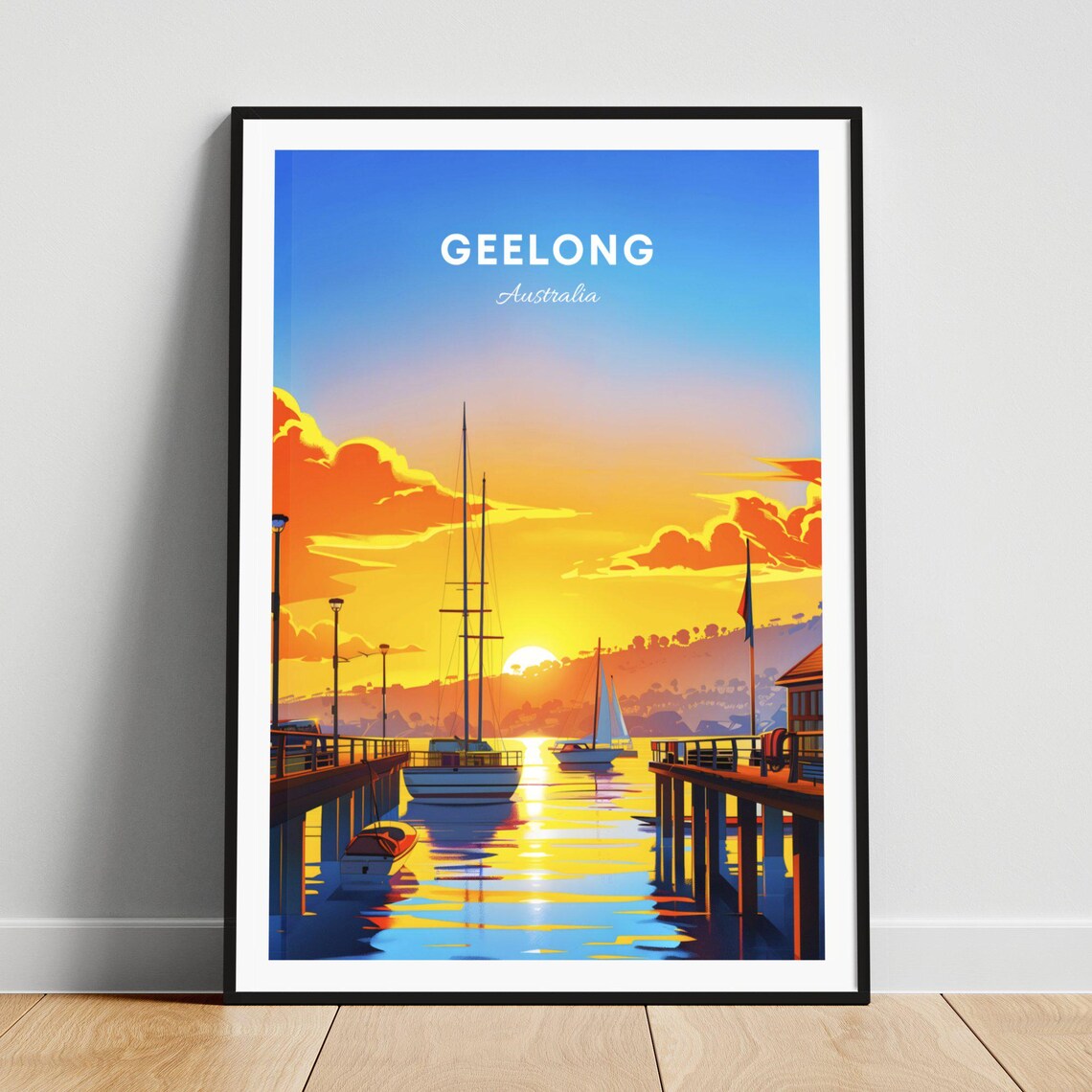 Geelong Australia Harbor Pier Golden Sunset Sailboats Scene Poster