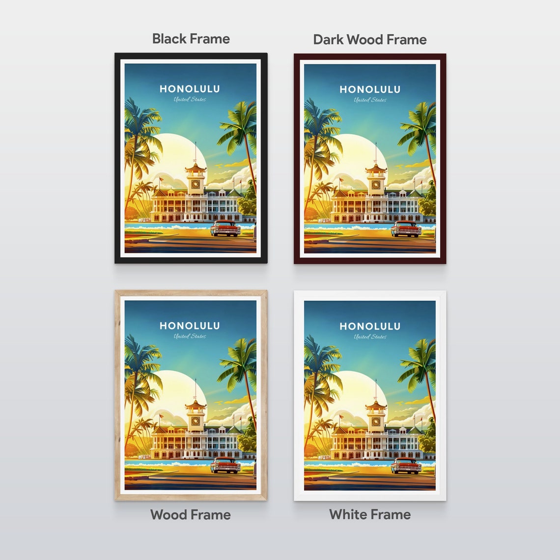Honolulu Beachfront Historic Hotel with Palm Trees Travel Poster - Image 2