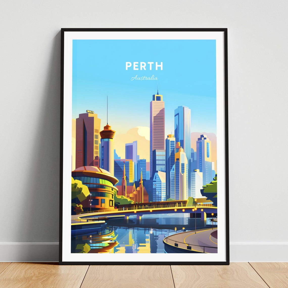 Perth Australia Downtown Skyline over the River at Dusk Poster