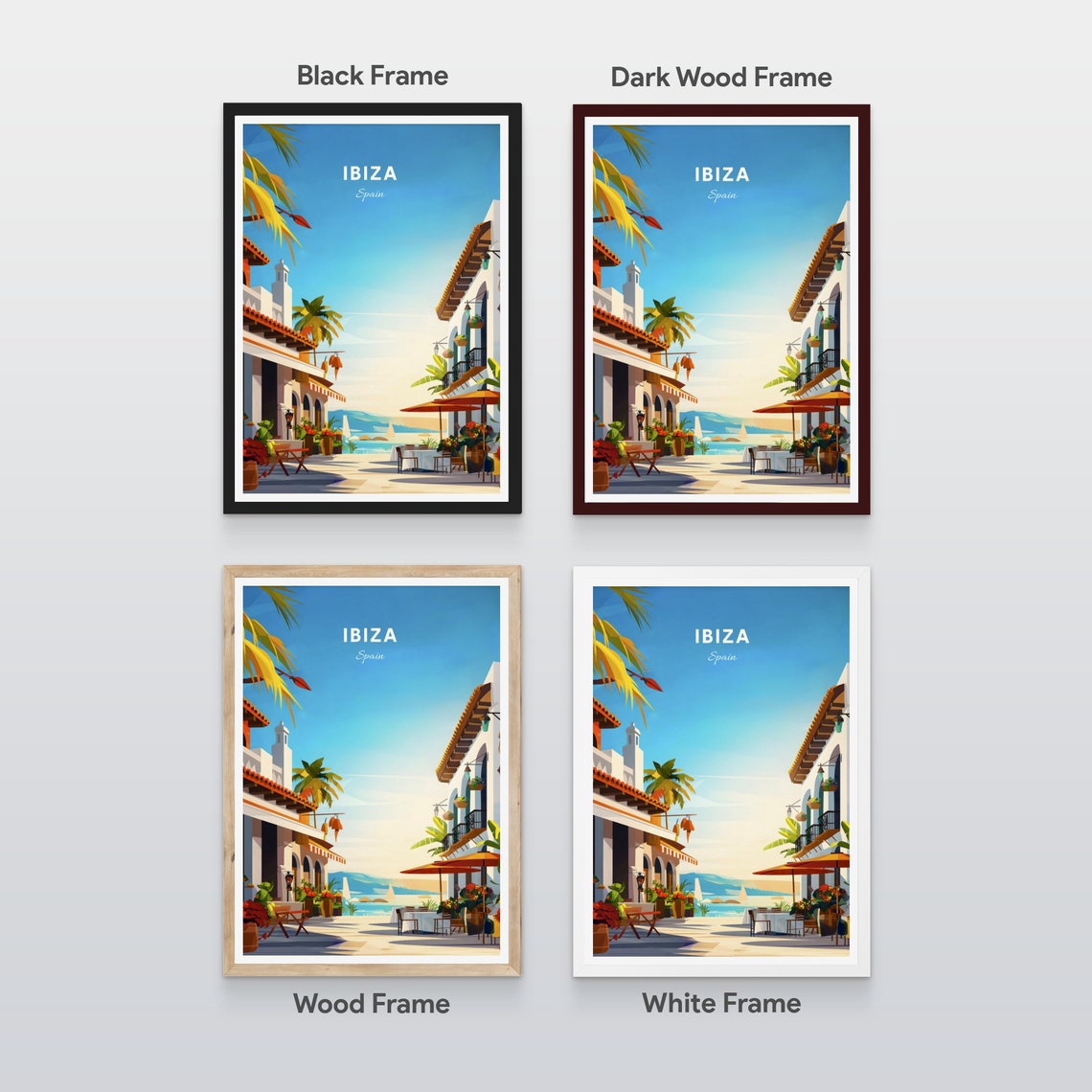 Ibiza Spain Sunny Old Town Street Cafe Sea View Charming Poster - Image 2