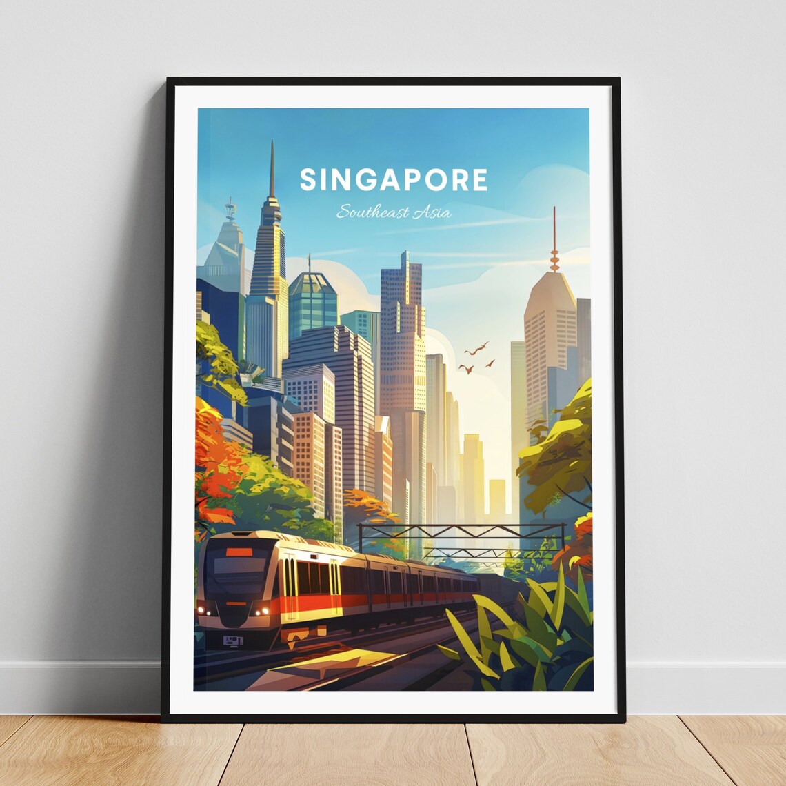 Singapore City Skyline MRT Train Modern Downtown Vintage Travel Poster