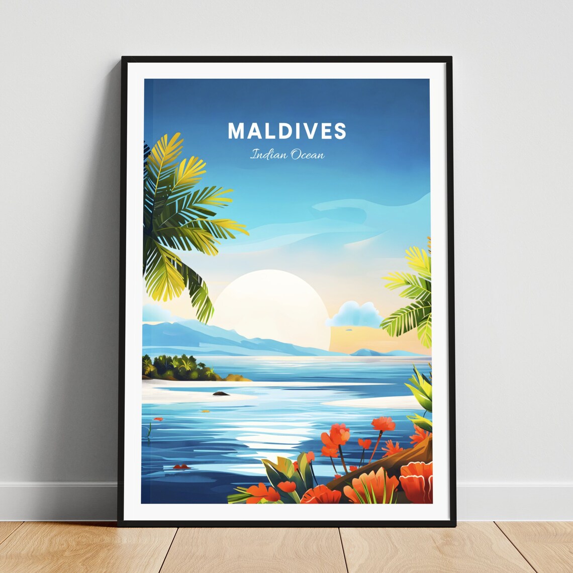 Maldives Indian Ocean Lagoon Flowers Palms Sunrise Travel Poster