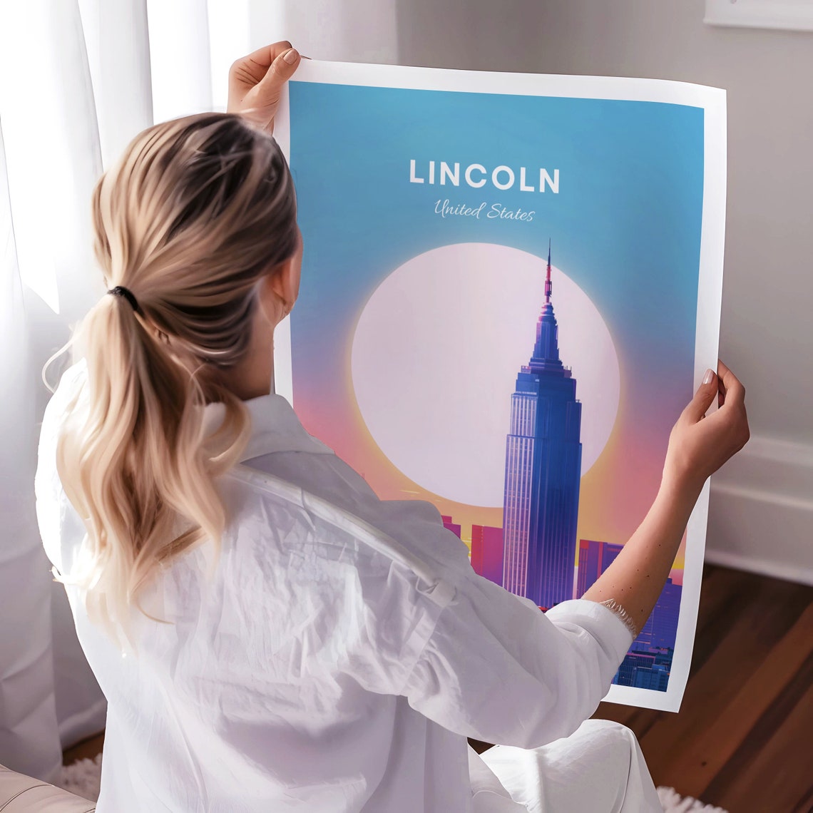 Lincoln City Skyline at Sunset Art Deco Skyscraper View Poster - Image 3