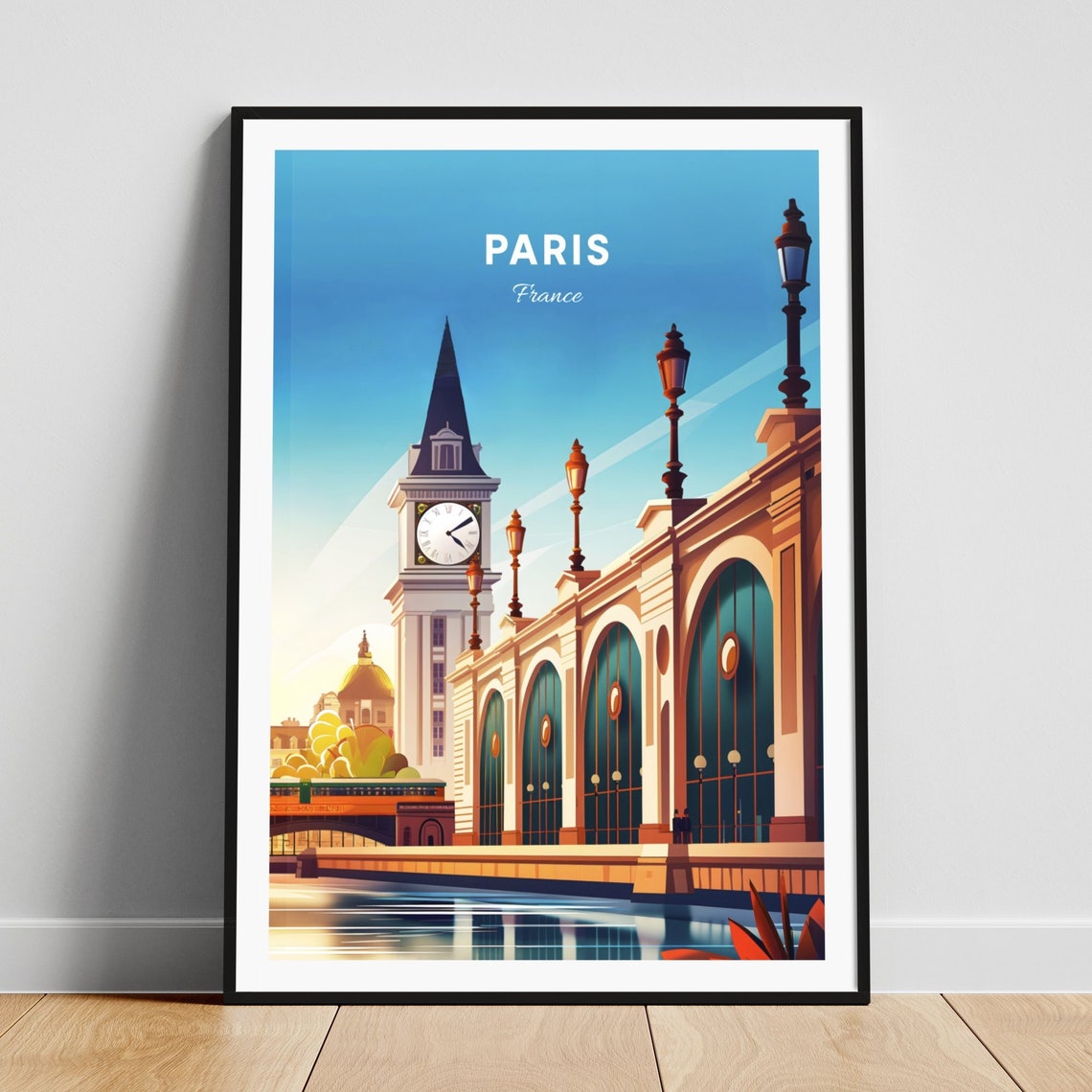Paris France Orsay Clock Tower Riverfront Landmark Travel Poster